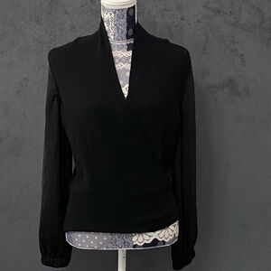 Brochu Walker Wool Cashmere Sweater Womens S Black Faux Wrap Top Quiet Luxury